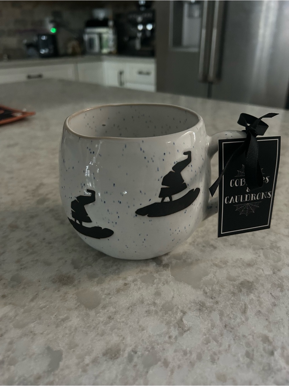 “New” Cobwebs & Cauldrons Speckled Ceramic Mug with Black Witch Hat Motif